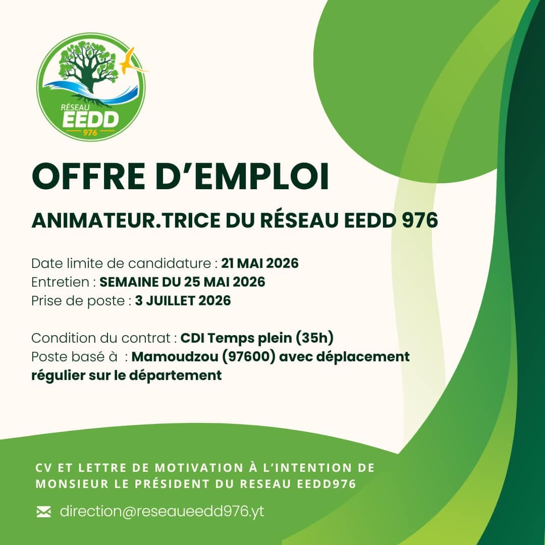 Photo de l'annonce : 🧰 𝐎𝐅𝐅𝐑𝐄 𝐃’𝐄𝐌𝐏𝐋𝐎𝐈 – 𝐀𝐍𝐈𝐌𝐀𝐓𝐄𝐔𝐑.𝐓𝐑𝐈𝐂𝐄 𝐃𝐔 𝐑𝐄́𝐒𝐄𝐀𝐔 𝐄𝐄𝐃𝐃 𝟗𝟕𝟔 🌱🌍 — Mamoudzou · Centre (Emploi & services)