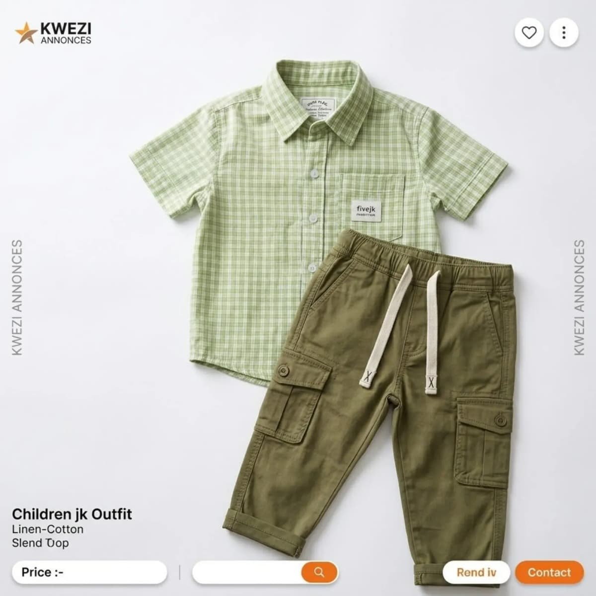 Photo de l'annonce : Ensemble Garçon Neuf (Chemise à carreaux + Pantalon Cargo Vert)Catégorie :Mode & Accessoires / Vêtements EnfantDescription :À vendre ensemble complet pour petit garçon, neuf et jamais porté — Koungou · Majicavo-Koropa (Mode)