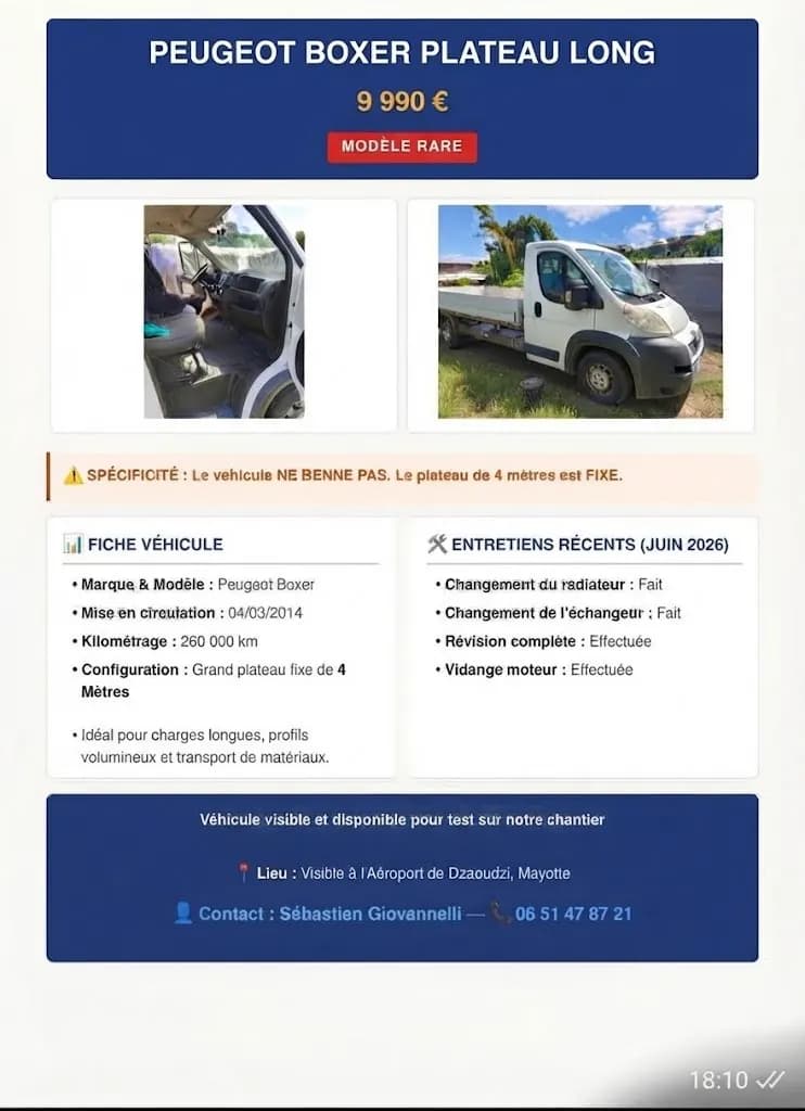 Photo de l'annonce : Titre : Peugeot Boxer Plateau Long (4 mètres) - Modèle Rare — Dzaoudzi · Labattoir (Véhicules)