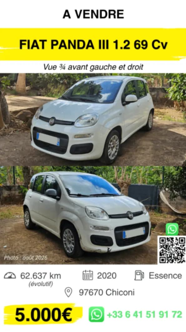 Photo de l'annonce : Fiat Panda III 1.2 69 ch – 2020 — Chiconi (Véhicules)
