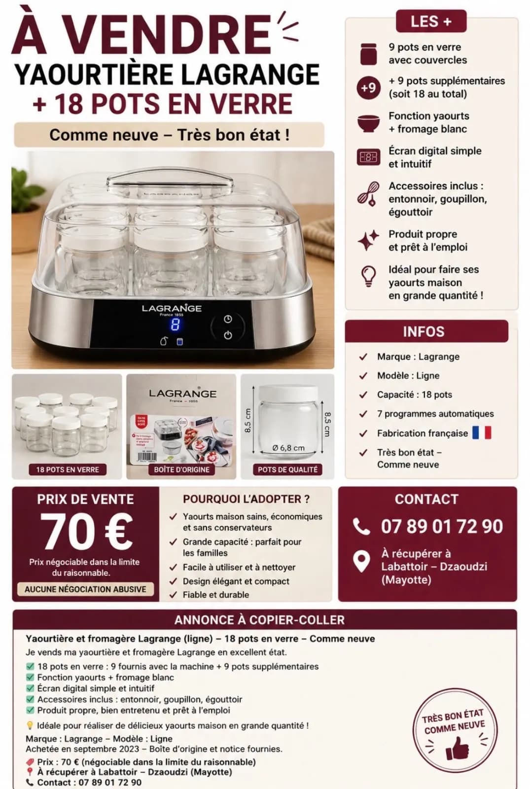 Photo de l'annonce : YAOURTIÈRE & FROMAGÈRE LAGRANGE – 18 POTS EN VERRE – COMME NEUVE — Dzaoudzi · Labattoir (Maison)