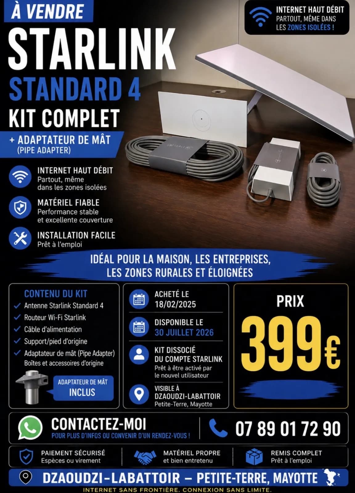 Photo de l'annonce : STARLINK STANDARD 4 + ADAPTATEUR DE MÂT — Dzaoudzi · Labattoir (Multimédia)