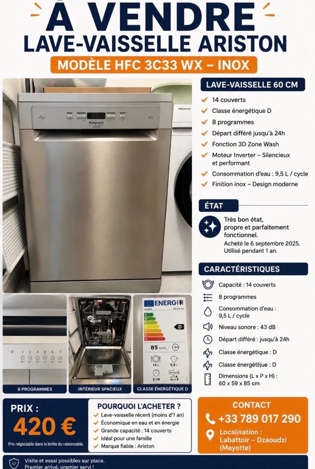 Photo de l'annonce : LAVE-VAISSELLE ARISTON / HOTPOINT HFC 3C33 WX – INOX — Dzaoudzi · Labattoir (Maison)